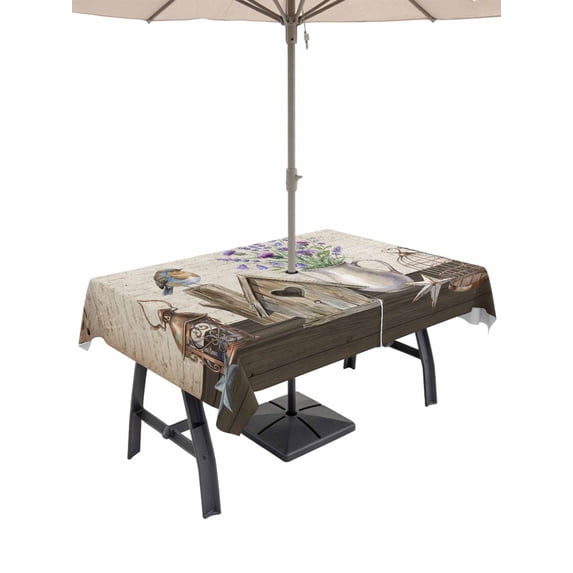 60x84 Inch Outdoor Tablecloth with Umbrella Hole Zipper Rectangle Vintage Flowers Rectangular Tablecloths Outside Waterproof Birds Retro Art Elegant Farmhouse Patio Table Cloth Cover for Picnic Party
