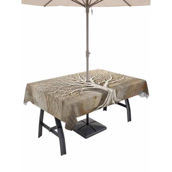60x84 Inch Outdoor Tablecloth with Umbrella Hole Zipper Rectangle Vintage Tree Rectangular Tablecloths Waterproof Rustic Farmhouse Trees Abstract Natural Forest Patio Table Cloth Cover for Picnic