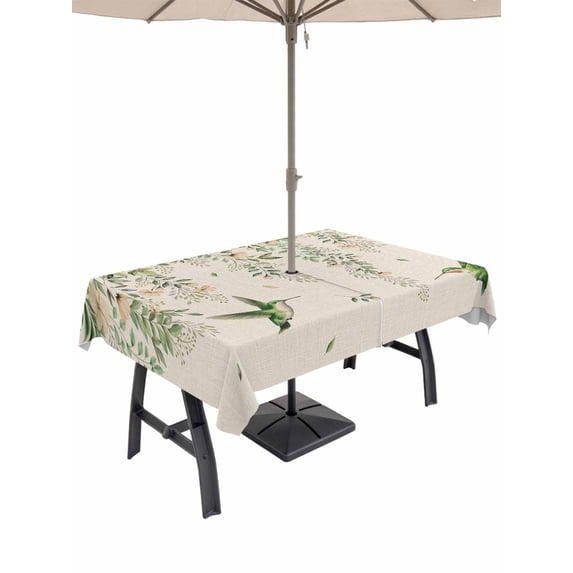 60x84 Inch Outdoor Tablecloth with Umbrella Hole Zipper Rectangle Watercolor Floral Rectangular Tablecloths Outside Waterproof Spring Flowers Birds Plants Country Beige Patio Table Cover for Picnic