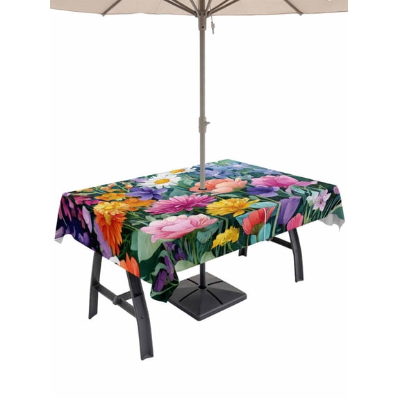 60x84 Inch Outdoor Tablecloth with Umbrella Hole Zipper Rectangle Watercolor Spring Floral Rectangular Tablecloths Outside Waterproof Farmhouse Flowers Colorful Patio Table Cover for Picnic Party