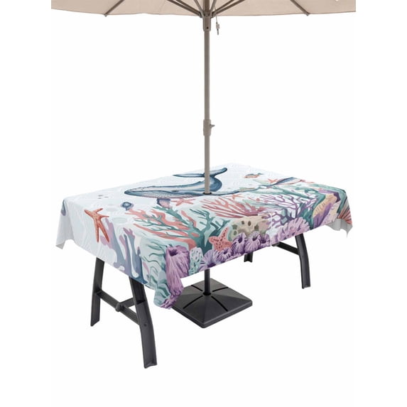60x84 Inch Outdoor Tablecloth with Umbrella Hole Zipper Rectangle Whale Coastal Rectangular Tablecloths Outside Waterproof Summer Beach Ocean Shell Jellyfish Starfish Patio Table Cover for Picnic