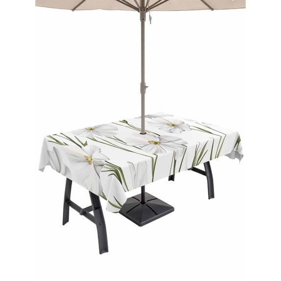 60x84 Inch Outdoor Tablecloth with Umbrella Hole Zipper Rectangle White Floral Rectangular Tablecloths Outside Waterproof Garden Floral Seasonal Botanical Blooms Patio Table Cover for Picnic Party