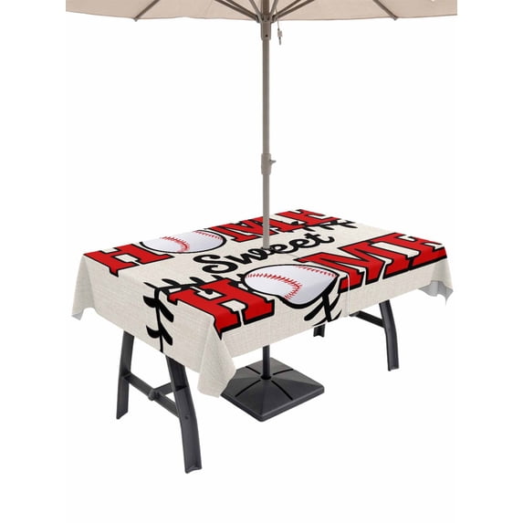 60x84 Inch Outdoor Tablecloth with Umbrella Hole Zipper Rectangle White Red Baseball Rectangular Tablecloths Outside Waterproof Modern Art Funny Words Patio Table Cloth Cover for Picnic Party