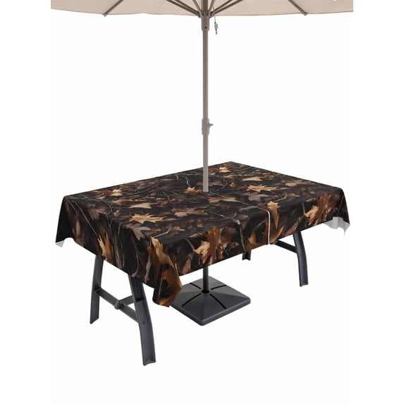 60x84 Inch Outdoor Tablecloth with Umbrella Hole Zipper Rectangle Withered Leaves^Vintage Brown Botanical Rectangular Tablecloths Outside Waterproof Patio Table Cloth Cover for Picnic Party