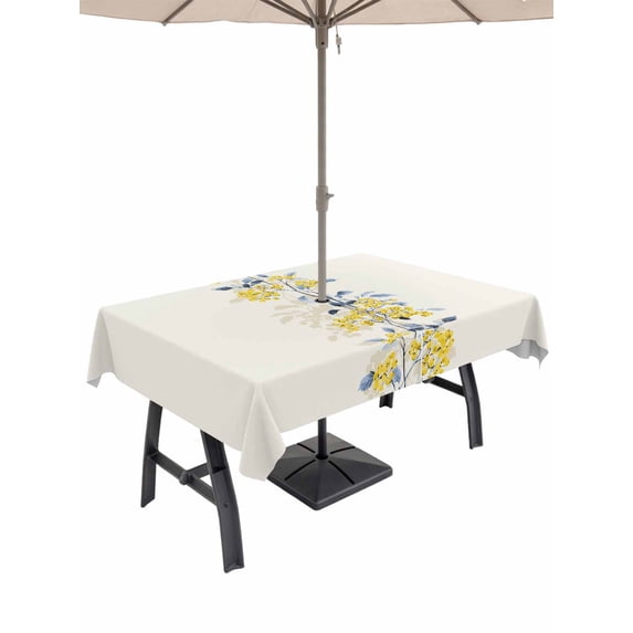 60x84 Inch Outdoor Tablecloth with Umbrella Hole Zipper Rectangle Yellow Fruit Rectangular Tablecloths Outside Waterproof Vintage Country Leaves Berries Blue Plants Patio Table Cover for Picnic Party