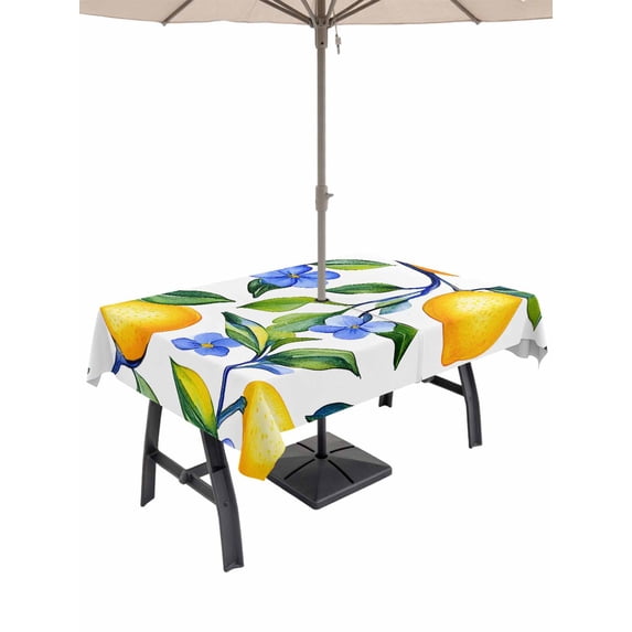 60x84 Inch Outdoor Tablecloth with Umbrella Hole Zipper Rectangle Yellow Lemon Rectangular Tablecloths Outside Waterproof Blue Flower Botanical Blossom Motif Spring Patio Table Cover for Picnic Party