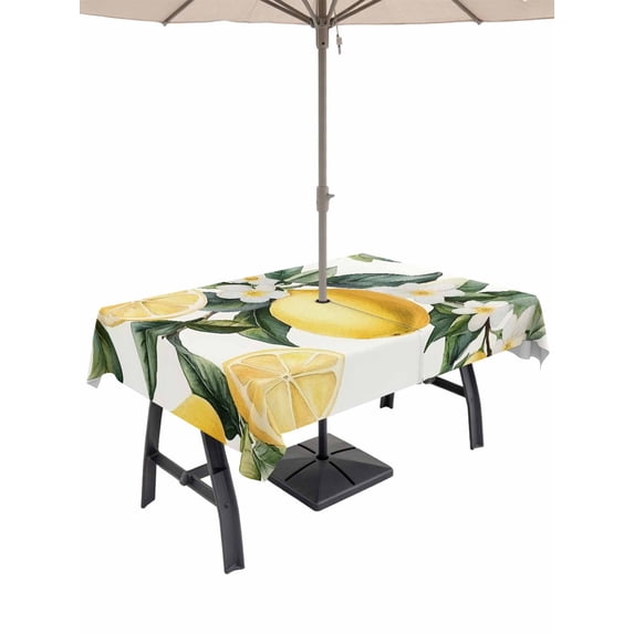 60x84 Inch Outdoor Tablecloth with Umbrella Hole Zipper Rectangle Yellow Lemon Rectangular Tablecloths Outside Waterproof Country Fruit Floral Watercolor Green White Patio Table Cover for Picnic