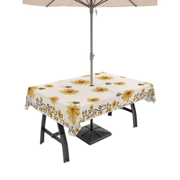 60x84 Inch Outdoor Tablecloth with Umbrella Hole Zipper Rectangle Yellow Summer Floral Rectangular Tablecloths Waterproof Pastoral Daisy Botanical Cute Rustic Patio Table Cloth Cover for Picnic