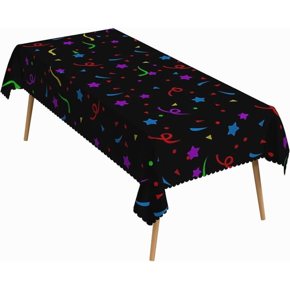 60x84 Inch Party Rectangle Tablecloth Colourful Star Ribbon Polka dot Black Table Cloth Washable Durable Table Cover for Birthday Party Festival Wedding Banquet Outdoor