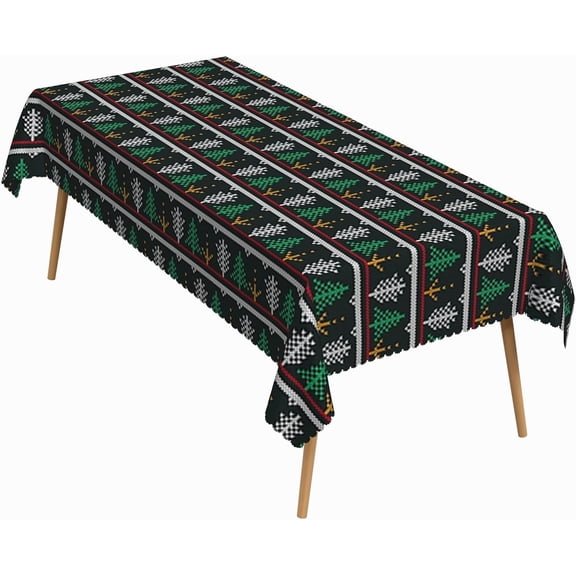 60x84 Inch Xmas Rectangle Tablecloth Pixel Style Christmas Tree Winter Retro Table Cloth Washable Durable Table Cover for Kitchen Dining Banquet Ugly Christmas Sweater Party Decor
