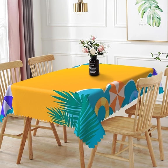 60x84inches Beach Tablecloth for Hawaiian Decorations Blue Yellow Cartoon Summer Beach Rectangle Table Cloth Waterproof Fabric Table Covers for Summer Birthday Pool Surfboard Party Supplies