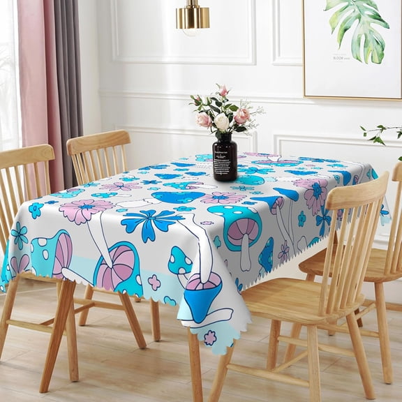 60x84inches Blue Mushrooms Tablecloth Retro 70s 60s Funky Floral Hippie Boho Style Table Cloth Washable Durable Fabric Table Cover for Kitchen Dining Room Picnic Camping Indoor Outdoor Use