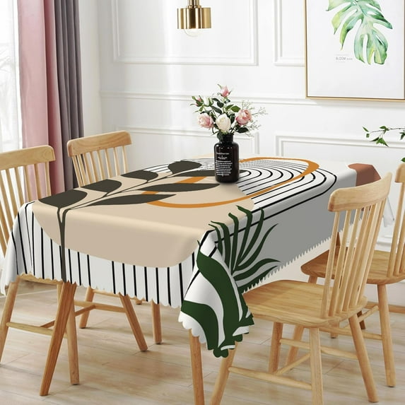 60x84inches Boho Mid Century Tablecloth Abstract Geometric Leaves Moon Modern Minimalist Plant Fabric Table Cloth Spill Proof Washable Table Cover for Dining Room Kitchen Indoor Outdoor Use