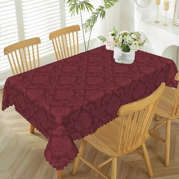 60x84inches Burgundy Floral Pattern Tablecloth Luxury Damask Fabric Table Cloth Rectangular Waterproof Table Cover for Kitchen Dining Room Wedding Christmas New Year Holiday Party Decorations