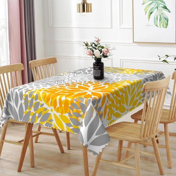 60x84inches Dahlia Floral Rectangle Table Cloth Grey Yellow Flowers Tablecloth Modern Abstract Geometric Polyester Fabric Table Cover for Kitchen Dining Room Indoor Outdoor Patio Home Decor
