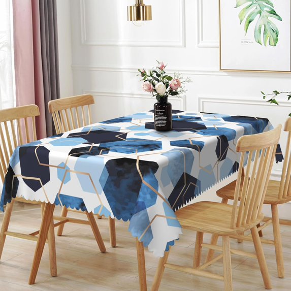 60x84inches Elegant Hexagons Tablecloth Blue White Gold Modern Geometric Abstract Art Fabric Table Cloth Marble Texture Waterproof Table Cover for Kitchen Dining Room Banquet Party Decor