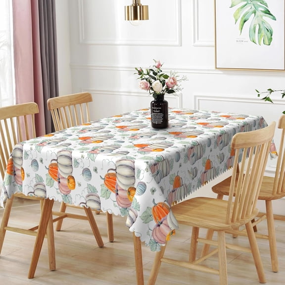 60x84inches Fall Rectangle Tablecloth Thanksgiving Autumn Harvest Blue Orange Pumpkin Table Cloth Polyester Fabric Washable Table Cover for Kitchen Dining Room Picnic Patio Party Decorations