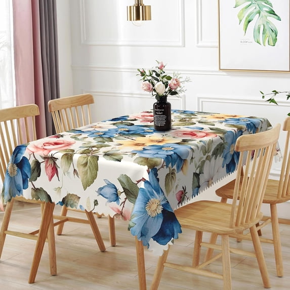 60x84inches Floral Rectangle Tablecloth Blue Pink Flowers Blossom Printed Table Cloth Waterproof and Washable Fabric Table Cover for Kitchen Dining Room Living Room Patio Home Decors