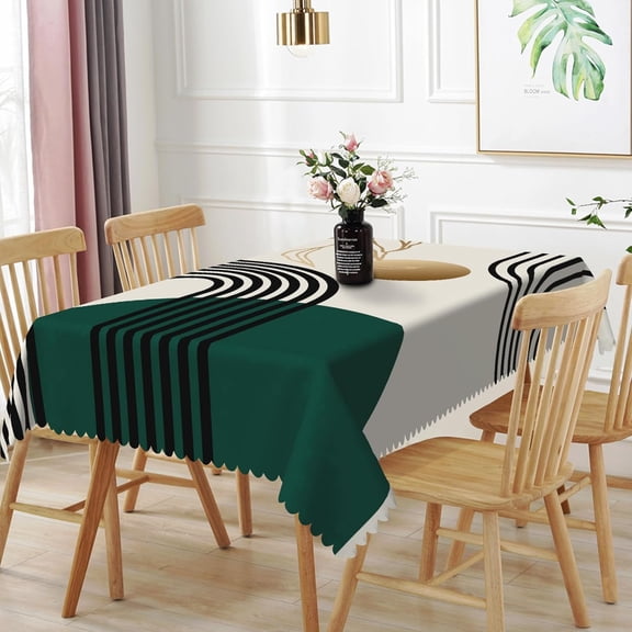 60x84inches Green Mid Century Tablecloth Boho Arch Sun Gold Leaves Modern Table Cloth Abstract Geometric Minimalist Oil Proof Stain Resistant Table Cover for Dining Room Kitchen Home Decor