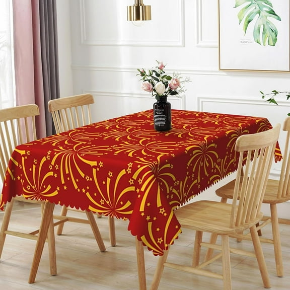 60x84inches Happy New Years Tablecloth Red and Gold Fireworks Rectangular Table Cloth Washable and Reusable Fabric Table Cover for Kitchen Dining Christmas New Year Celebration Party Decor