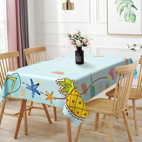 60x84inches Hawaiian Summer Beach Tablecloth Starfish Fresh Fruits Ice Cream Lifebuoy Slipper Light Blue Table Cloth Washable and Reusable Fabric Table Cover for Holiday Pool Party Decor