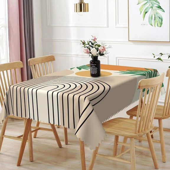 60x84inches Mid Century Bohemian Tablecloth Abstract Geometric Orange Sun Green Leaves Modern Table Cloth Durable Polyester Fabric Table Cover for Dining Room Kitchen Patio Indoor Outdoor Use
