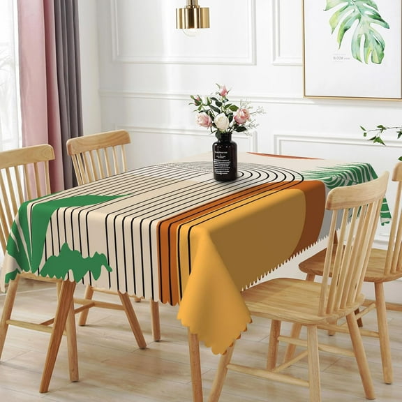 60x84inches Mid Century Tablecloths Boho Rainbow Abstract Geometric Green Leaves Table Cloth Waterproof Wrinkle Free Table Cloth Cover for Kitchen Dining Room Party Camping Picnic Home Decor