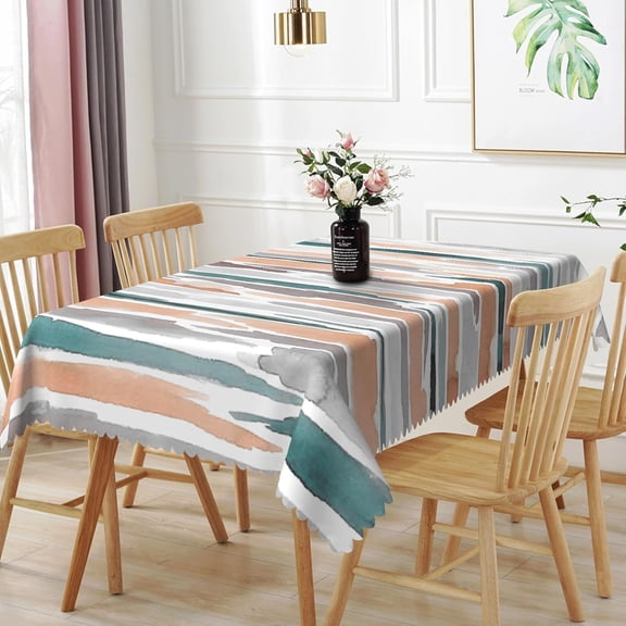 60x84inches Modern Rectangle Tablecloth Teal Orange Grey Abstract Painting Aesthetic Stripe Table Cloth Washable and Reusable Fabric Table Cover for Kitchen Dining Room Living Room Home Decor