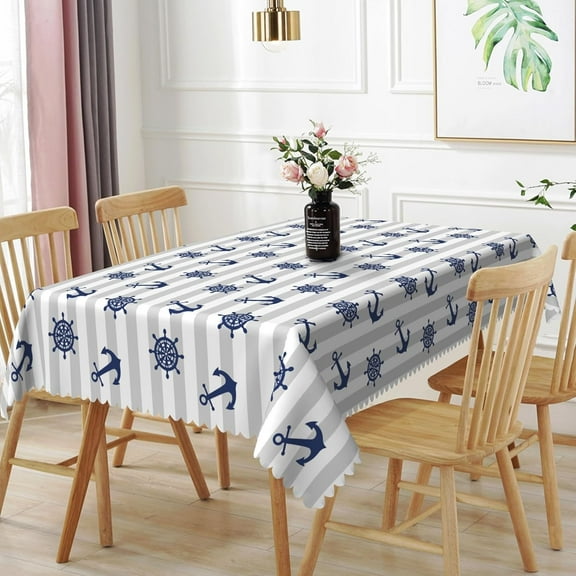 60x84inches Nautical Rectangle Tablecloth Blue Anchor Rudder Grey White Stripe Table Cloth Washable and Reusable Fabric Table Cover for Kitchen Dining Room Themed Birthday Wedding Party Decor