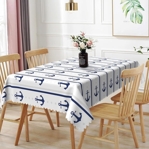 60x84inches Nautical Rectangle Tablecloth Navy Blue White Striped Anchor Decorative Table Cloth Waterproof Fabric Table Cover for Kitchen Dining Room Patio Summer Holiday Party Supplies
