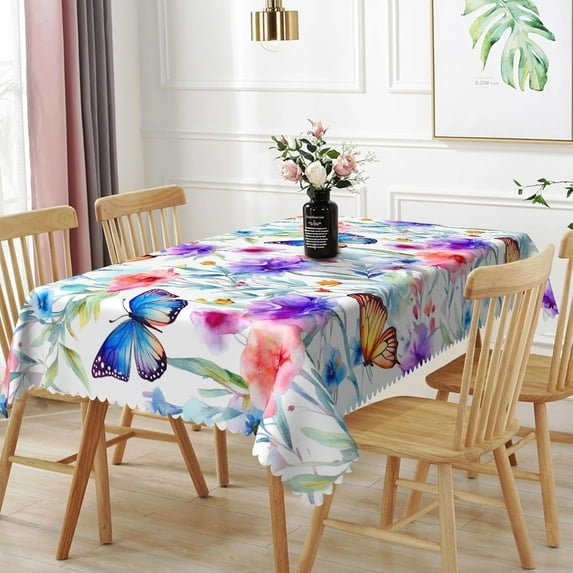 60x84inches Spring Floral Tablecloth Purple Pink Flowers Butterfly Decorative Table Cover Waterproof and Stain Resistant Fabric Table Cloth for Kitchen Dining Picnic Camping Outdoor Party