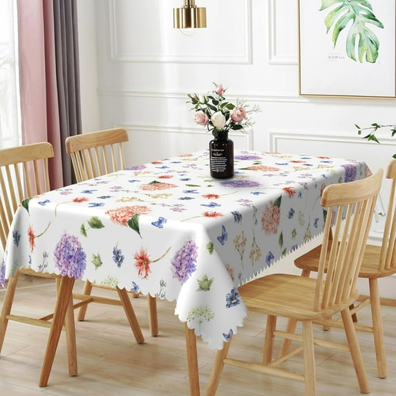 60x84inches Spring Floral Tablecloth Purple Pink Hydrangea Flowers Blue Butterfly Print Table Covers Waterproof Rectangle Table Cloth for Birthday Party Wedding Holiday Kitchen Dining Room