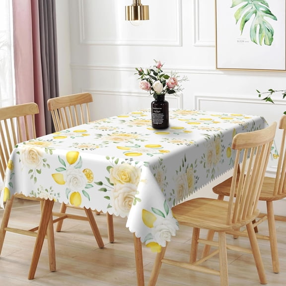 60x84inches Summer Lemon Tablecloth Yellow Lemon Blooming Floral Decorative Table Cover Waterproof Stain Resistant Rectangle Table Cloth for Dining Room Kitchen Picnic Theme Party Supplies