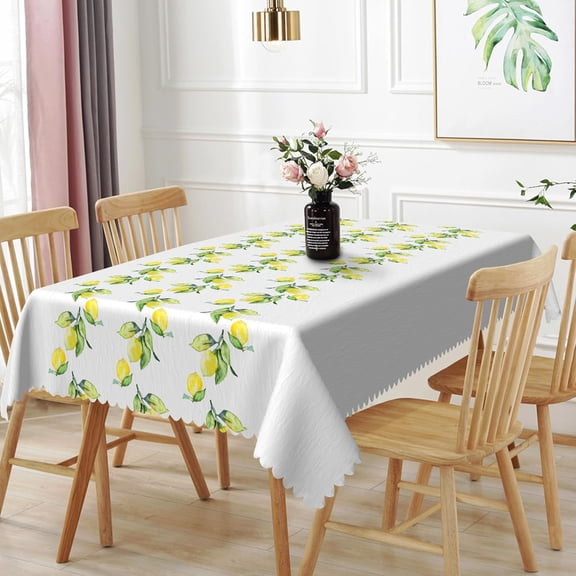 60x84inches Summer Lemon Tablecloth Yellow Lemon Green Leaf Rectangle Table Cloth Oil Proof Spill Proof Fabric Table Cover for Kitchen Dining Room Picnic Camping Outdoor Party Decor
