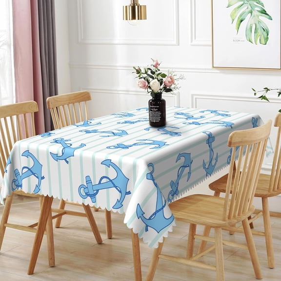 60x84inches Summer Nautical Blue Anchors Tablecloth Navy Sea Marine Stripes Rectangle Table Cloth Washable Polyester Table Cloth Cover for Kitchen Dinning Tabletop Wedding Party Home Decor