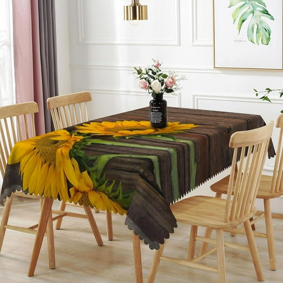 60x84inches Sunflower Wood Grain Tablecloth Rustic Yellow Flowers Wood Plank Rectangle Table Cloth Vintage Brown Farmhouse Waterproof Table Cover for Dining Kitchen Indoor Outdoor Party Decor