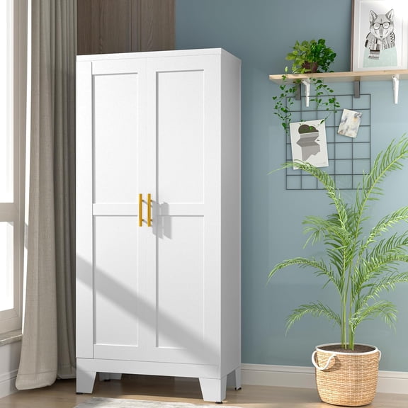 61.02”H Pantry Storage Cabinet, Kitchen Storage Cabinets with Adjustable Feet and Shelves, Metal Pantry Cabinet for Kitchen, Living Room, Laundry Room and Dinning Room (2door-White)