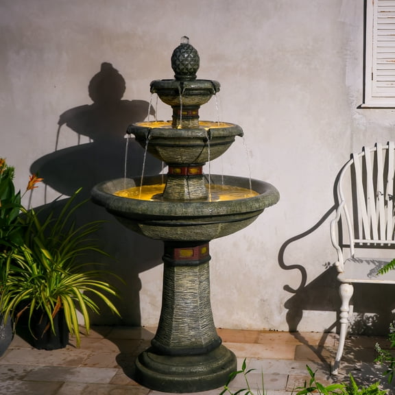 61.1" Tall 3-Tier Outdoor Garden Water Fountain, Traditional Italian Faux Stone Cascading Floor Waterfall Feature for Patio, Yard, Porch, or Backyard Decor