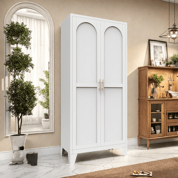 61'' 2 Shapely Doors Cabinet, Kitchen Pantry Storage Cabinets with Adjustable Shelves and Feet, Pantry Storage Cabinet for Kitchen, Dining Room, Living Room and Bathroom Metal,White