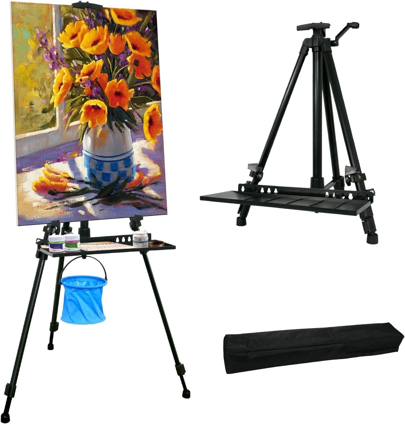 Black Adjustable Metal Artist Easel with Tray and Carry Bag