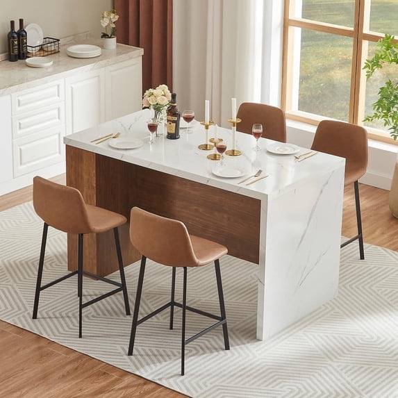 61"*31" Wooden Tabletop Kitchen Island Table for 4 with Storage Space,Power Outlet & LED Lights, Modern Imitation Marble Large Dining Table for Dining Room