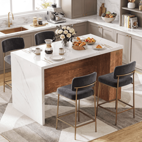 ROGALIS 61" Kitchen Island Table with Storage, 1.8" Thick One-Piece Faux Marble Top, Kitchen Table with Built-in Power Outlet & LED Lights, Counter Height Dining Table for 4, White