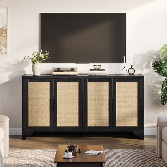 61.4" 4-Door Sideboard Buffet Cabinet with Natural Rattan, Boho Storage Cabinet, Entryway Console Table & Coffee Bar Station for Dining Room, Living Room, Black