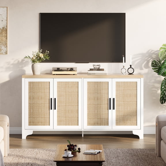 61.4" 4-Door Sideboard Buffet Cabinet with Natural Rattan, Boho Storage Cabinet, Entryway Console Table & Coffee Bar Station for Dining Room, Living Room, White