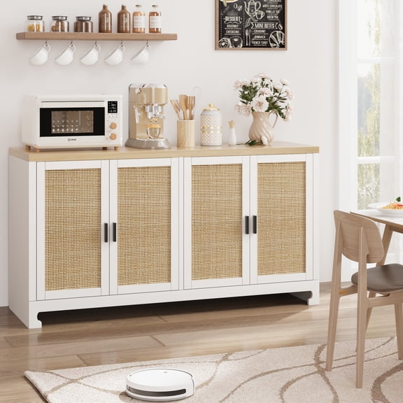 61.4" 4-Door Sideboard Buffet Cabinet, PB/MDF Storage Cabinet with Handwoven Rattan Doors, Wood Handles, 4-Tier Storage, White