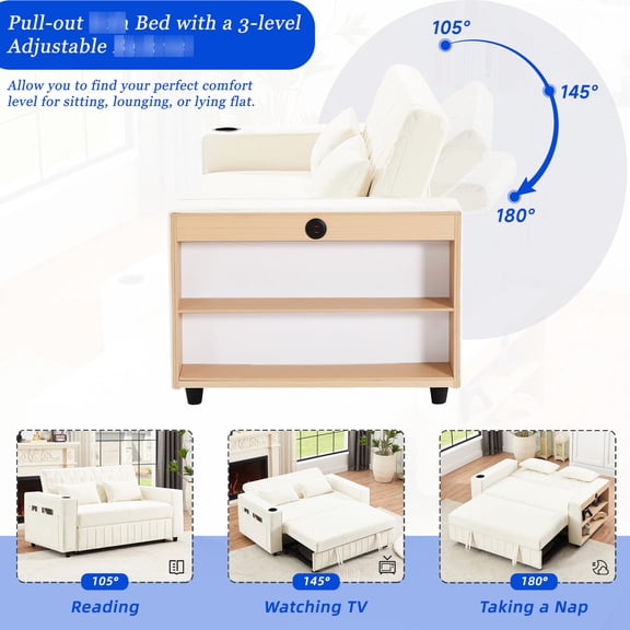 61.4" Beige Sofa Bed / 3 Reclining Positions, USB Ports & Cup Holders / Multifunctional Room Use