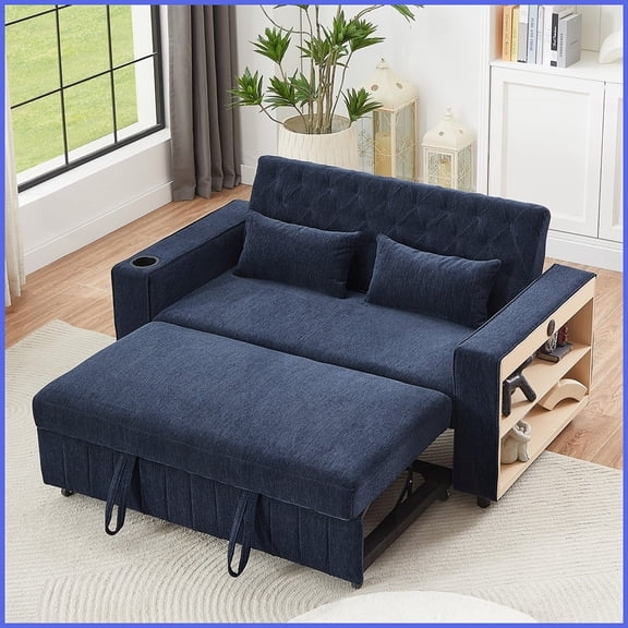 61.4" Modern Chenille Loveseat Sofa Bed - Convertible Couch with Adjustable Backrest for Small Living Spaces, Blue