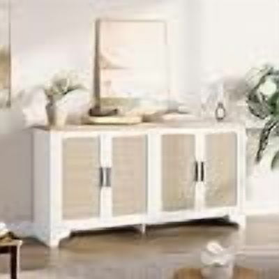 61.4" Rattan Sideboard Buffet Cabinet with 4 Doors & Deer Legs - Farmhouse Storage for Living Room Dining Room Entryway Console Table,White+Oak