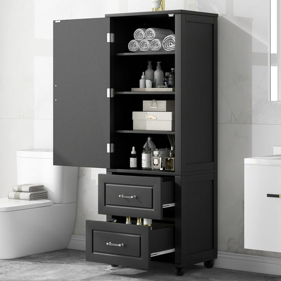 61.4" Tall Bathroom Storage Cabinet, Freestanding Storage Cabinet with Two Drawers and Adjustable Shelves, Bathroom Storage Cabinet with Spherical Legs, Black