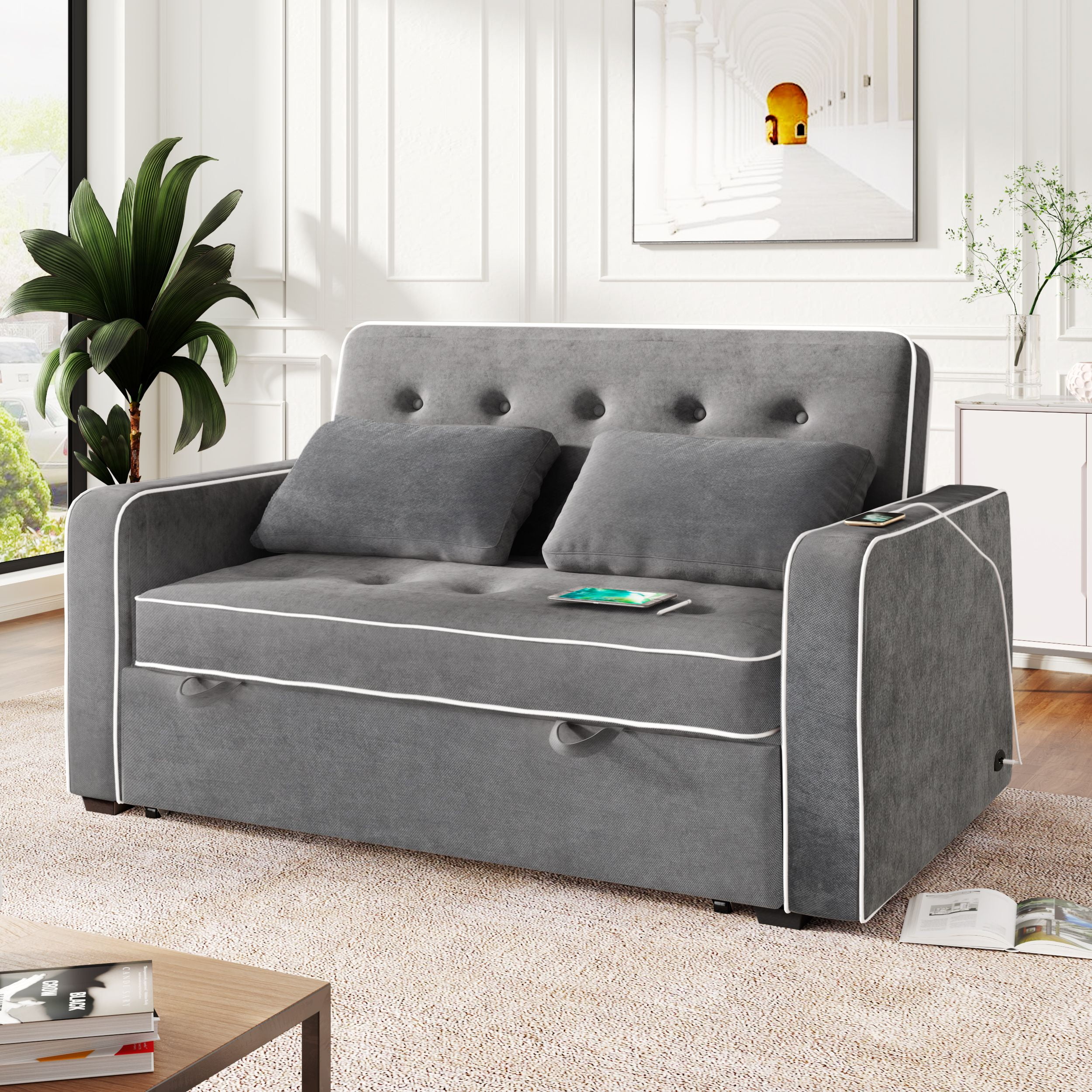 61.4" Upholstered Sleeper Sofa Bed with USB Charging Ports - Pull Out ...